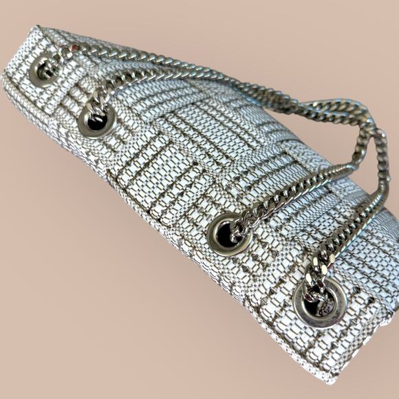 Alma Tonutti Italy Leather Fabric Purse Bag Silver Chain Strap Woven White Tan - Picture 3 of 11